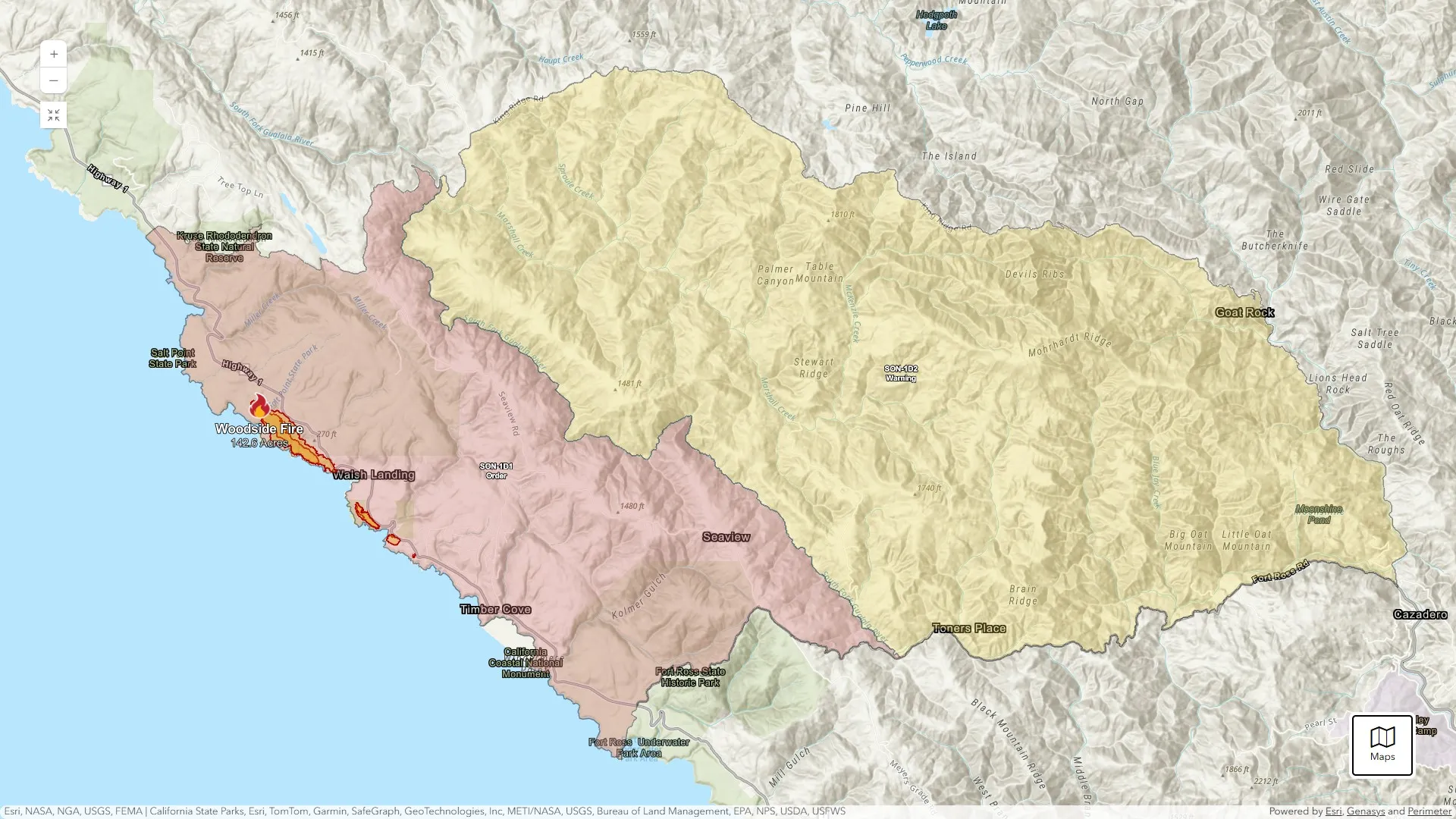 Zoomed-in screenshot of the CAL FIRE Woodside Fire incident map showing the fire location and nearby evacuation zones in Sonoma County. Red areas indicate Evacuation Orders, and yellow areas indicate Evacuation Warnings. The closer view provides greater detail of the fire perimeter and affected areas. Screenshot captured on July 31, 2026. Evacuation zones and incident information may change; refer to official emergency management sources for the latest updates.
