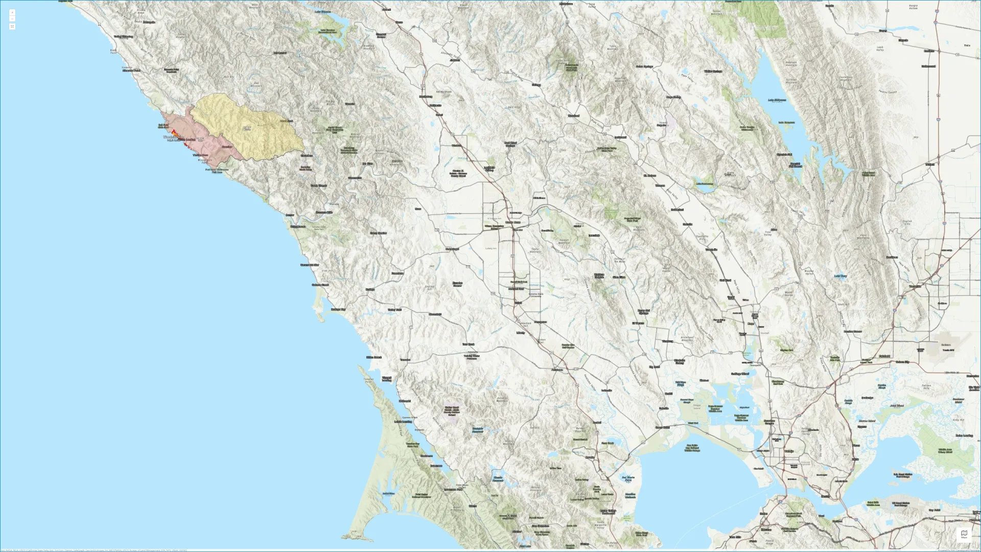 CAL FIRE map showing the Woodside Fire location with surrounding evacuation zones. Red areas represent Evacuation Orders, and yellow areas represent Evacuation Warnings.