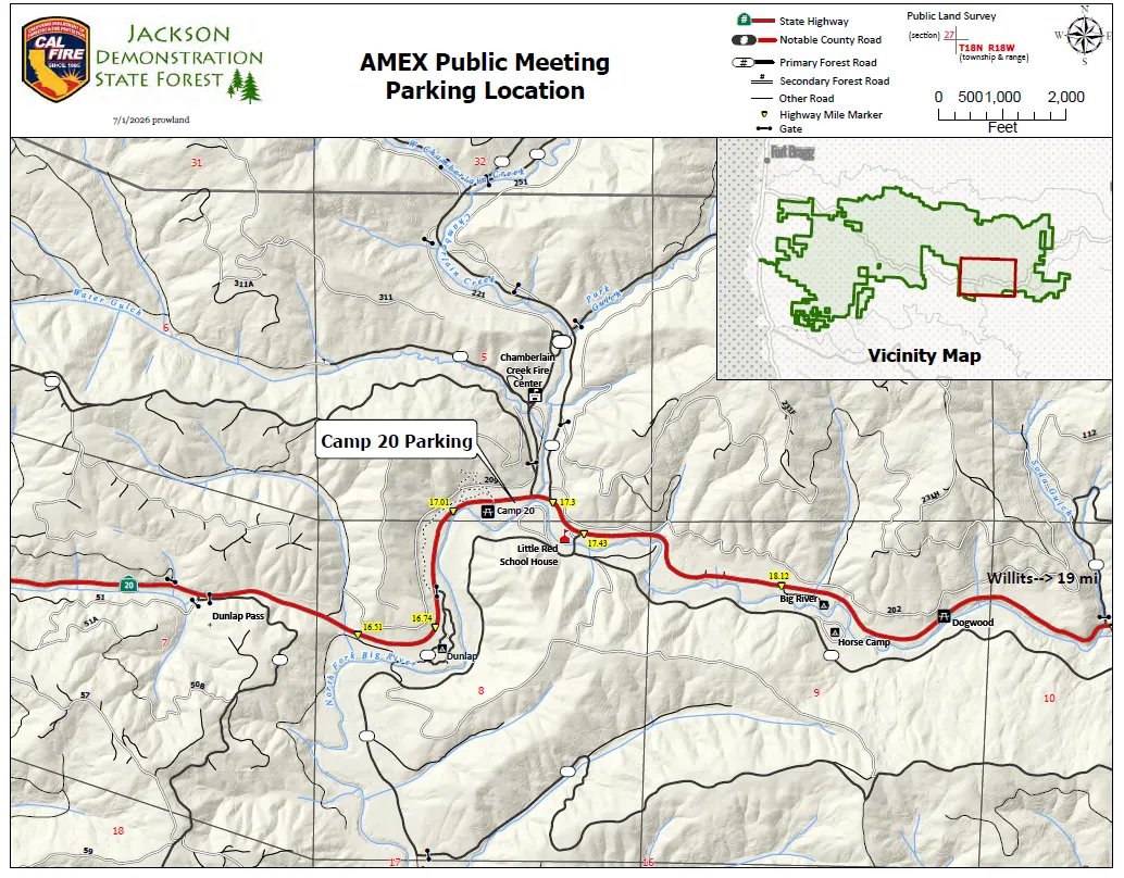 Map showing meeting location (Camp 20) for upcoming field meeting at Jackson Demonstration State Forest