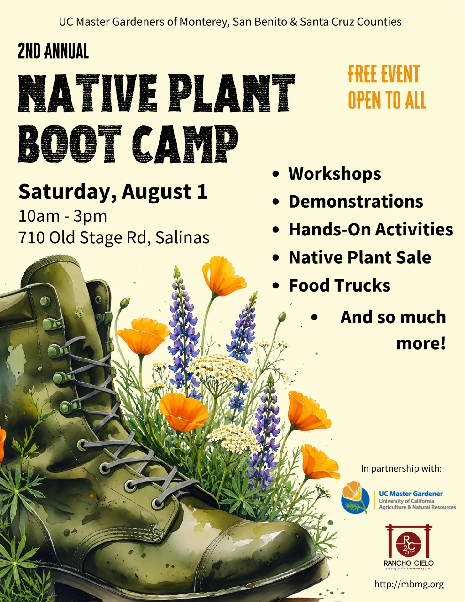 Flyer for 2nd Annual Native Plant Boot Camp in Salinas, CA
