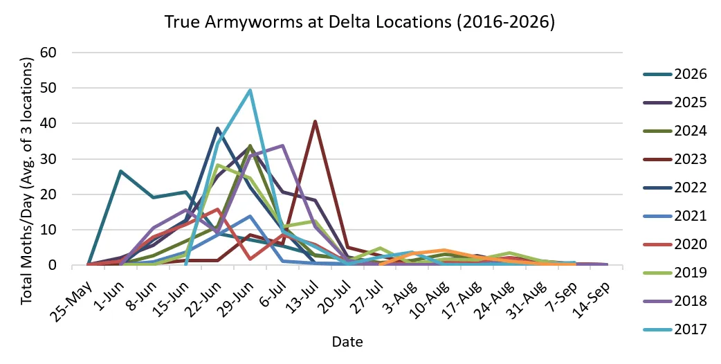 Graph illustrated armyworm trap counts during the growing season from 2016 to 2026.
