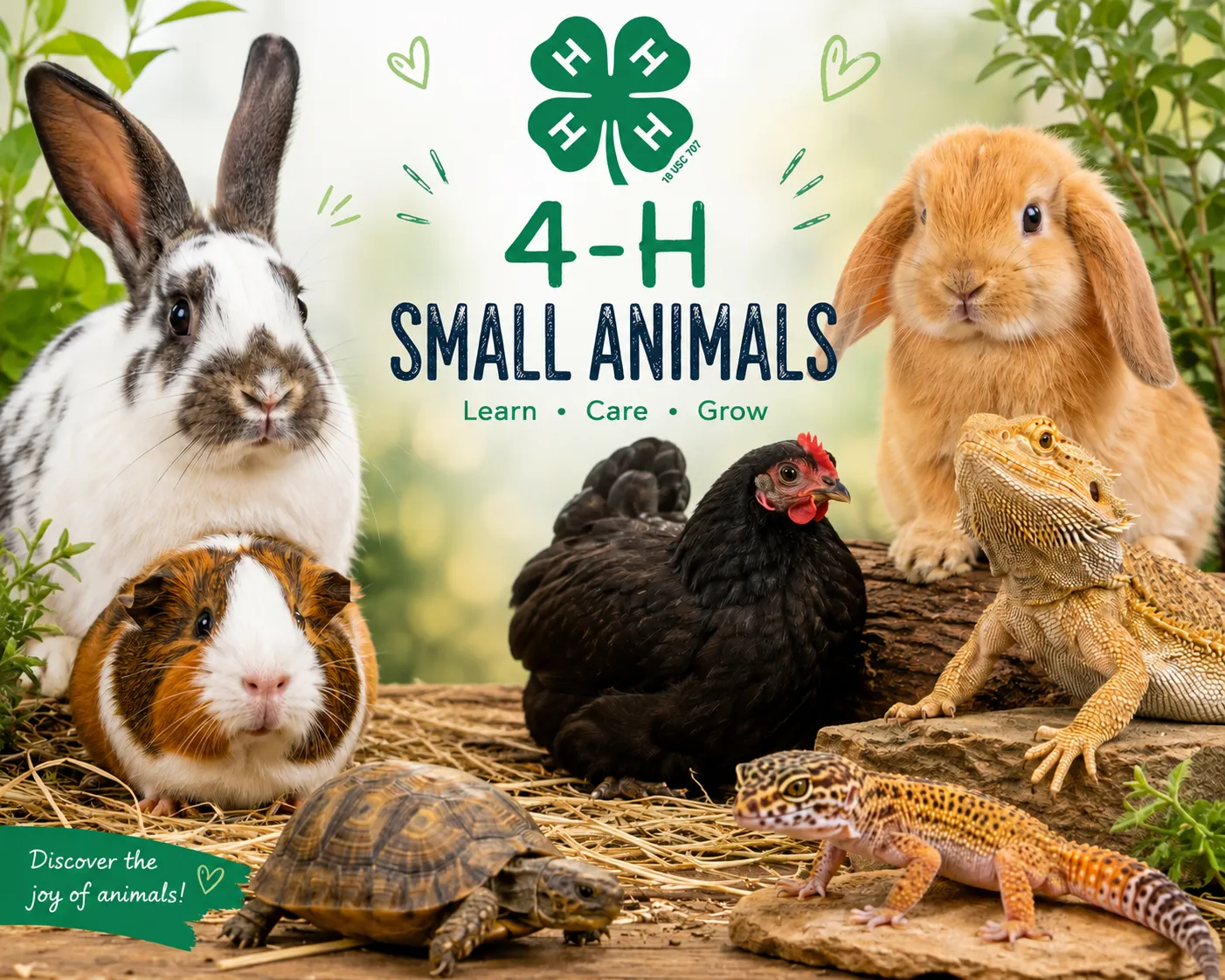 4-H Small Animals graphic featuring rabbits, a guinea pig, a chicken, a bearded dragon, a tortoise, and a leopard gecko arranged in a natural outdoor setting. The graphic includes the 4-H logo and the words “Small Animals,” “Learn, Care, Grow,” and “Discover the joy of animals!”