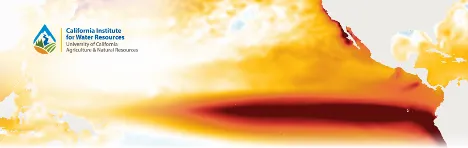 Logo for California Institute for Water Resources on a weather map image of El Nino
