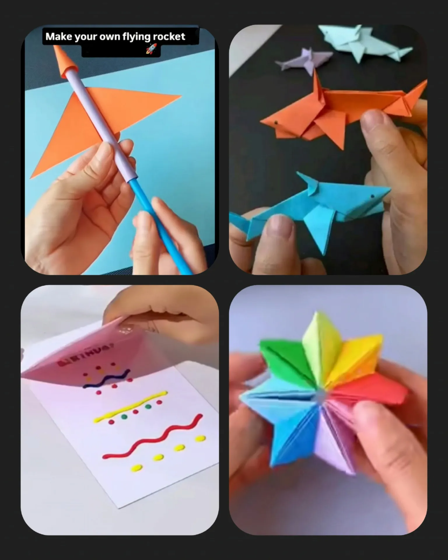 Collage of four colorful hands-on crafts, including a paper flying rocket, folded paper animals, a decorated card, and a colorful folded paper star.