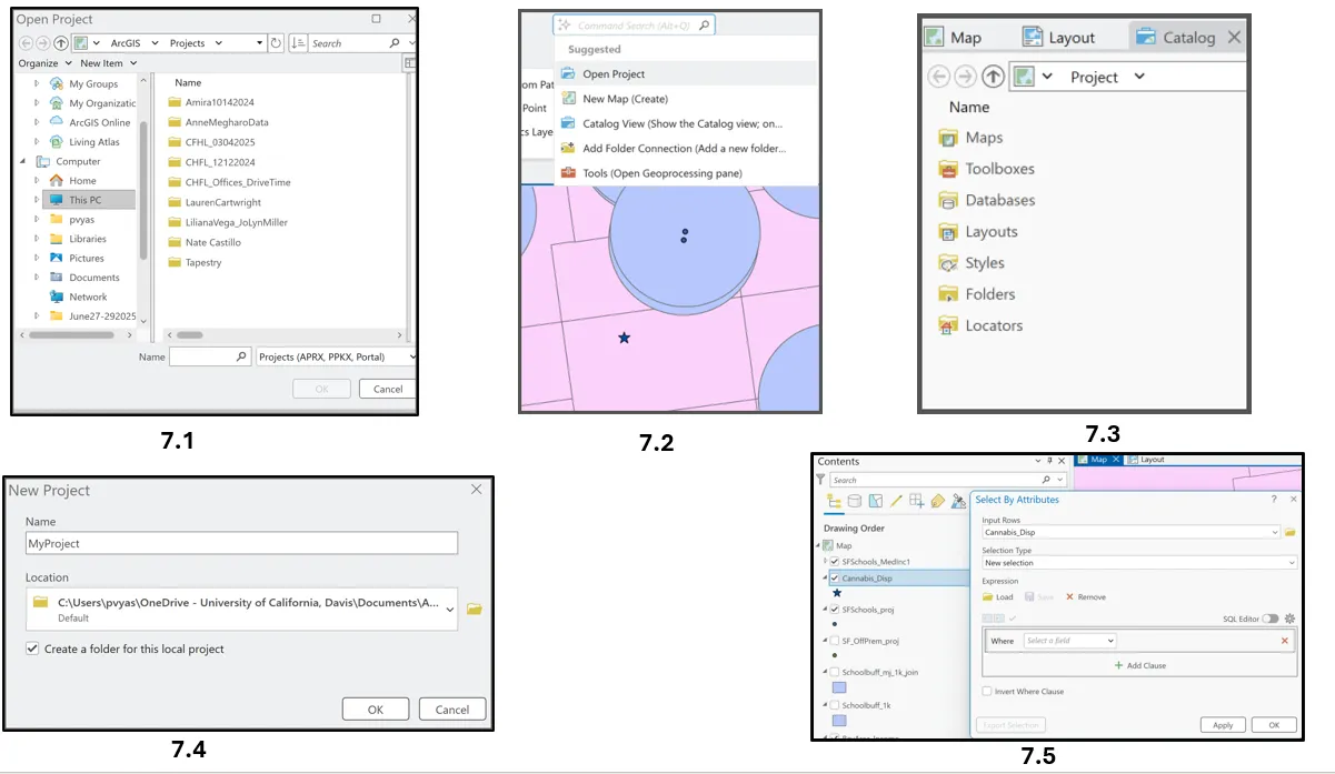 A series of screenshots illustrating different keyboard shortcuts being executed in ArcGIS Pro to reduce mouse reliance. It includes the interface showing a project being opened with "Ctrl + O" (Figure 7.1), the command search opening with "Alt + Q" (Figure 7.2), a new project opening with "Ctrl + N" (Figure 7.4), and an attribute table opening directly with "Ctrl + T" (Figure 7.5).