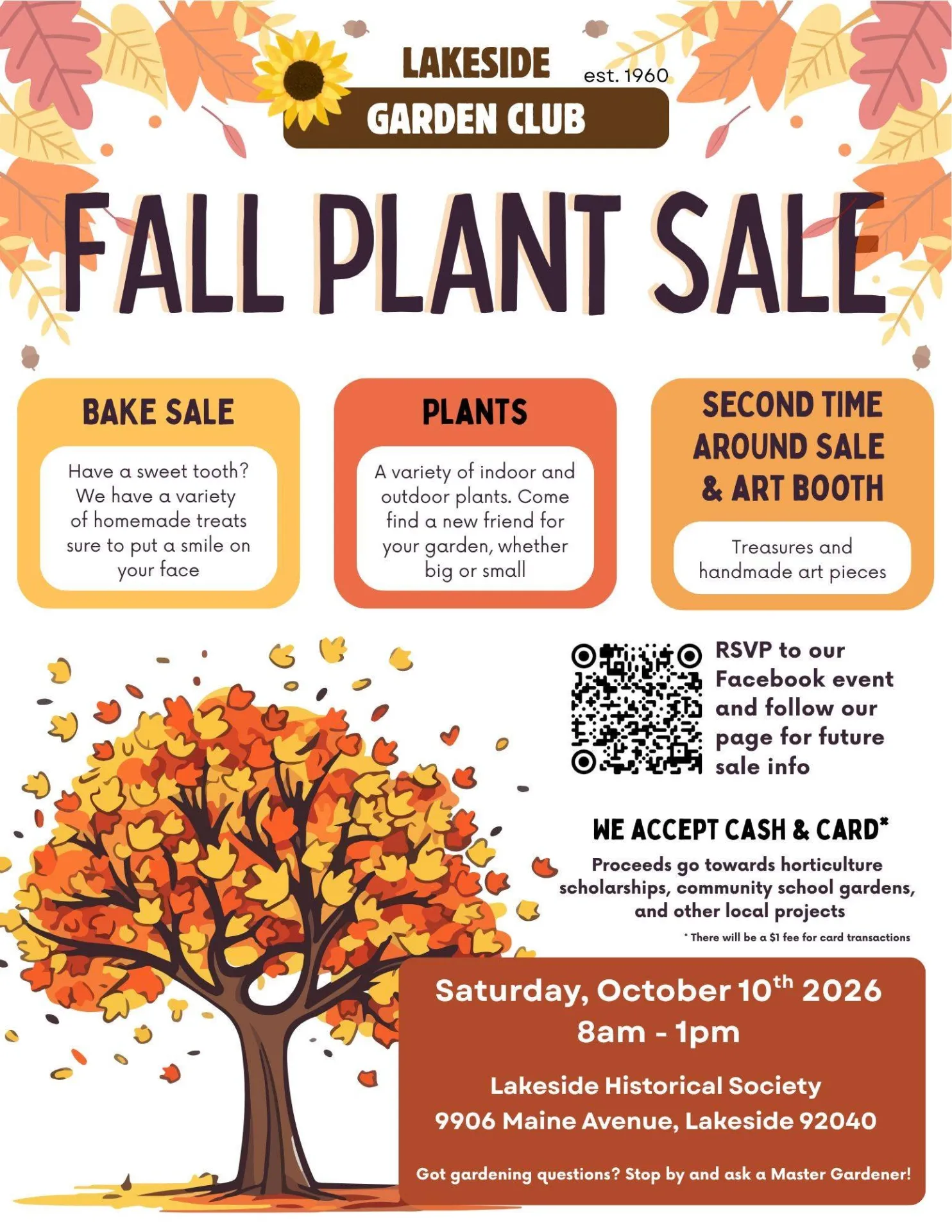 Flyer for Lakeside Garden Club’s “Fall Plant Sale” with autumn leaves and a tree graphic, listing bake sale, plant deals, and a second-time-around sale, plus cash/card acceptance and event details: Oct 10, 2026, 8am–1pm.