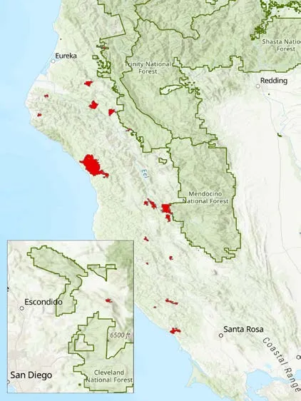 Map of California with forest legacy projects highlighted in red.
