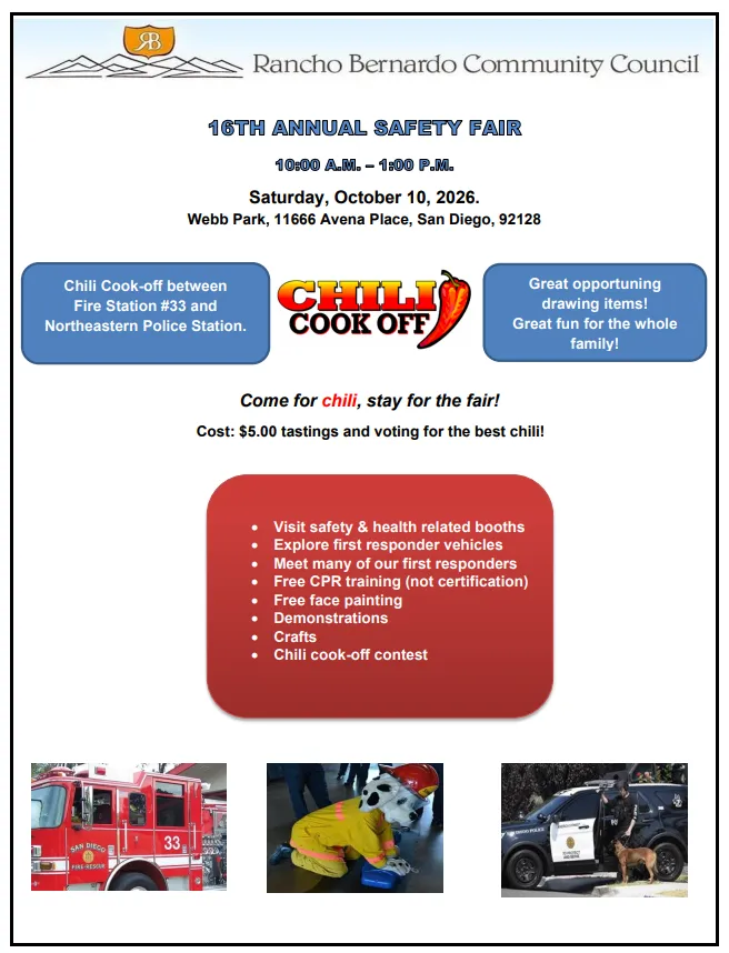 Flyer for the 16th Annual Safety Fair by Rancho Bernardo Community Council: Chili Cook-off on Saturday, Oct 10, 2026 at Webb Park in San Diego, with times, cost for tastings and voting, safety booth list, and three photos of a fire truck, a rescue-themed dog, and emergency vehicles.
