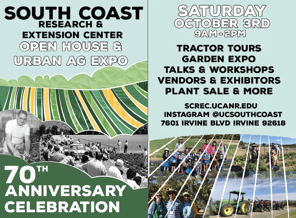 flyer advertising the South Coast REC Open House and Urban Ag Expo on October 3, 2026 from 9am to 2pm with a 70th Anniversary Celebration