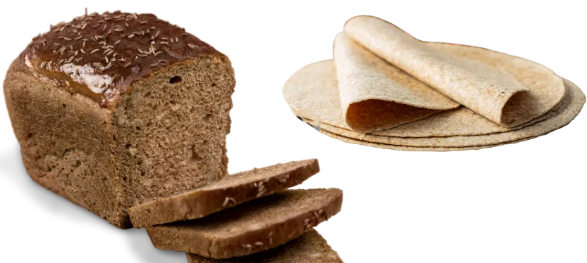 A loaf of whole grain bread and a stack of whole grain tortillas