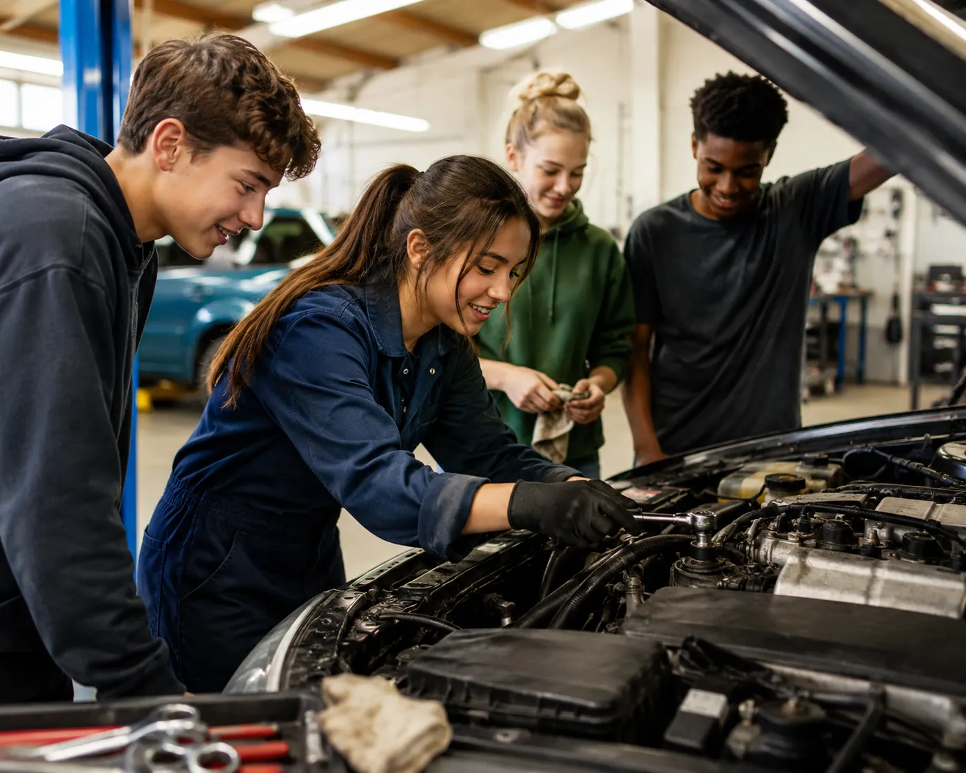 Four young people work together on a car in a garage, with one youth using a wrench under the hood while the others assist and observe. Tools and automotive equipment surround them.