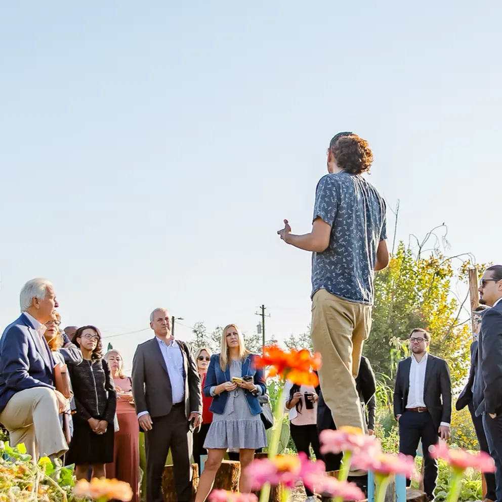 Farmers and visitors walking through a field during an F3 Local field day