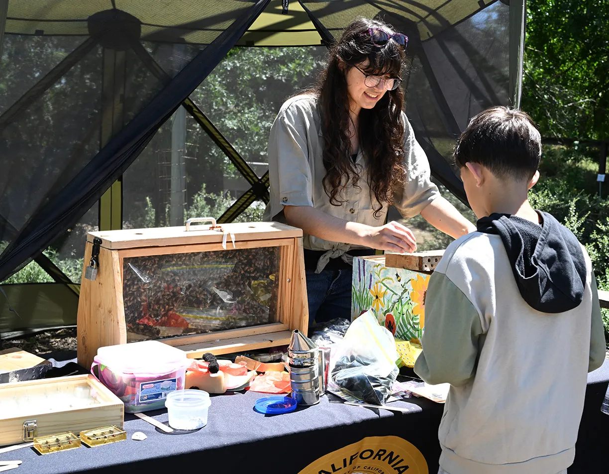 Samantha Murray, education and garden coordinator of the UC Davis Bee Haven, discusses the importance of bees at a UC Davis Biodiversity Museum Day event. (Photo by Kathy Keatley Garvey)