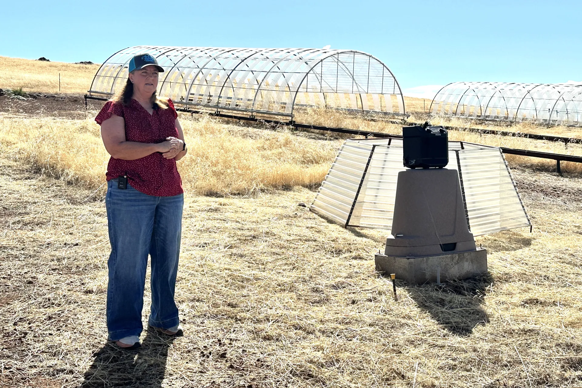 Theresa Becchetti stands next to structures intended to limit precipitation and increase temperature for rangeland plants