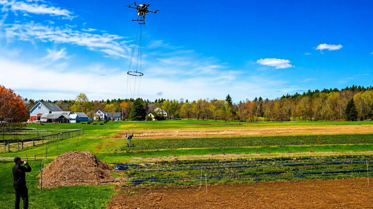 Drone-type device lifts equipment above a farm field as an operator works below