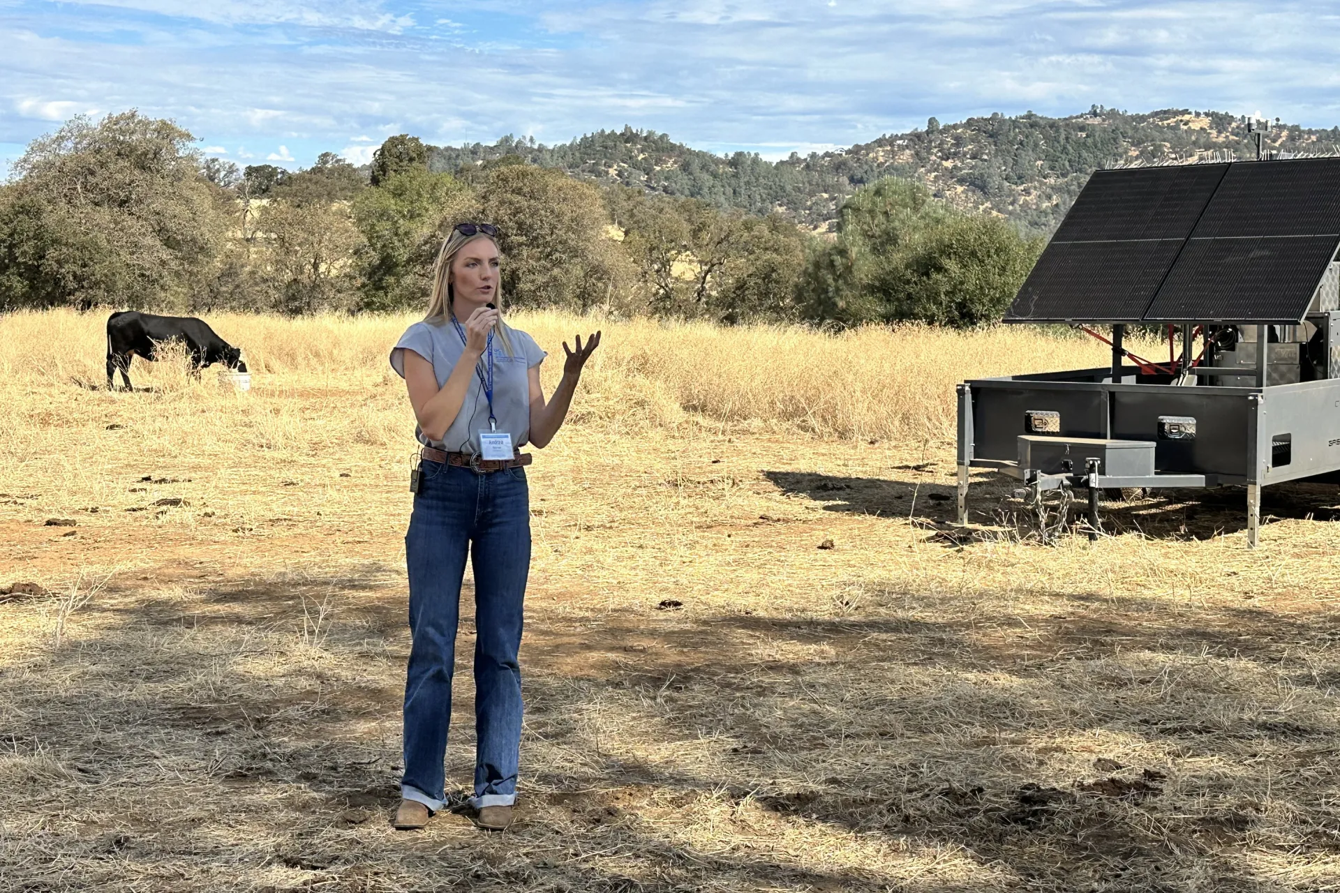 Andrea Warner speaks to tour group as a cow grazes in background