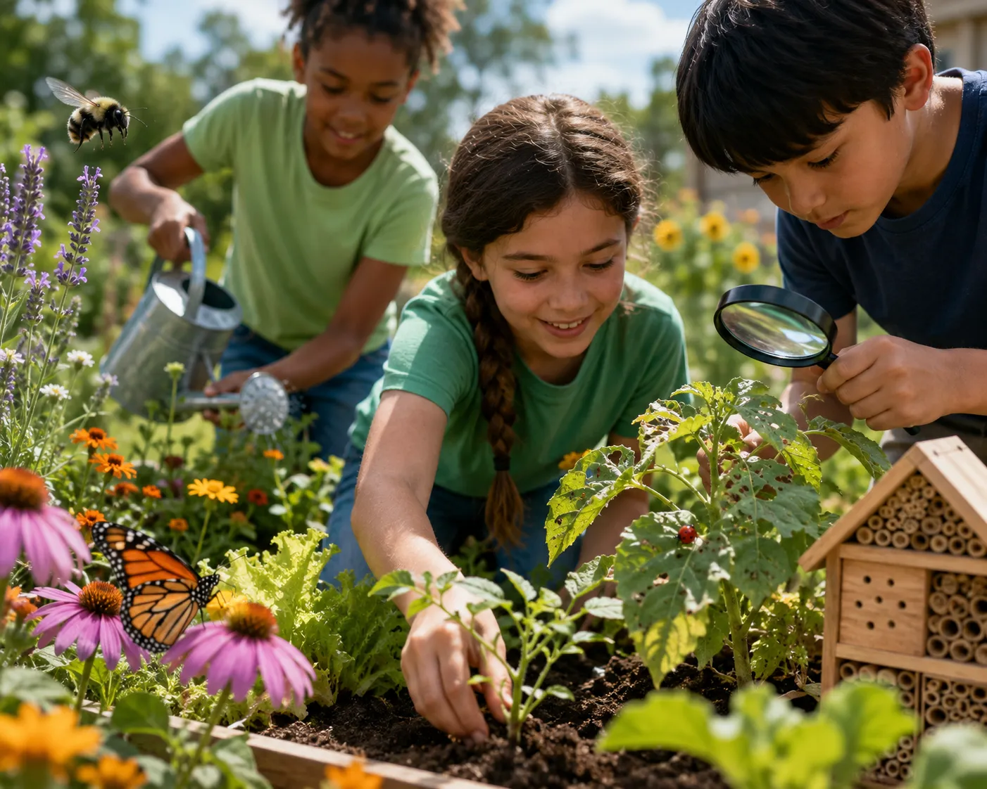 Three young people work together in a colorful garden, planting and watering vegetables while examining plants and insects with a magnifying glass. Flowers, a butterfly, bee, ladybug, and insect habitat are visible throughout the garden.
