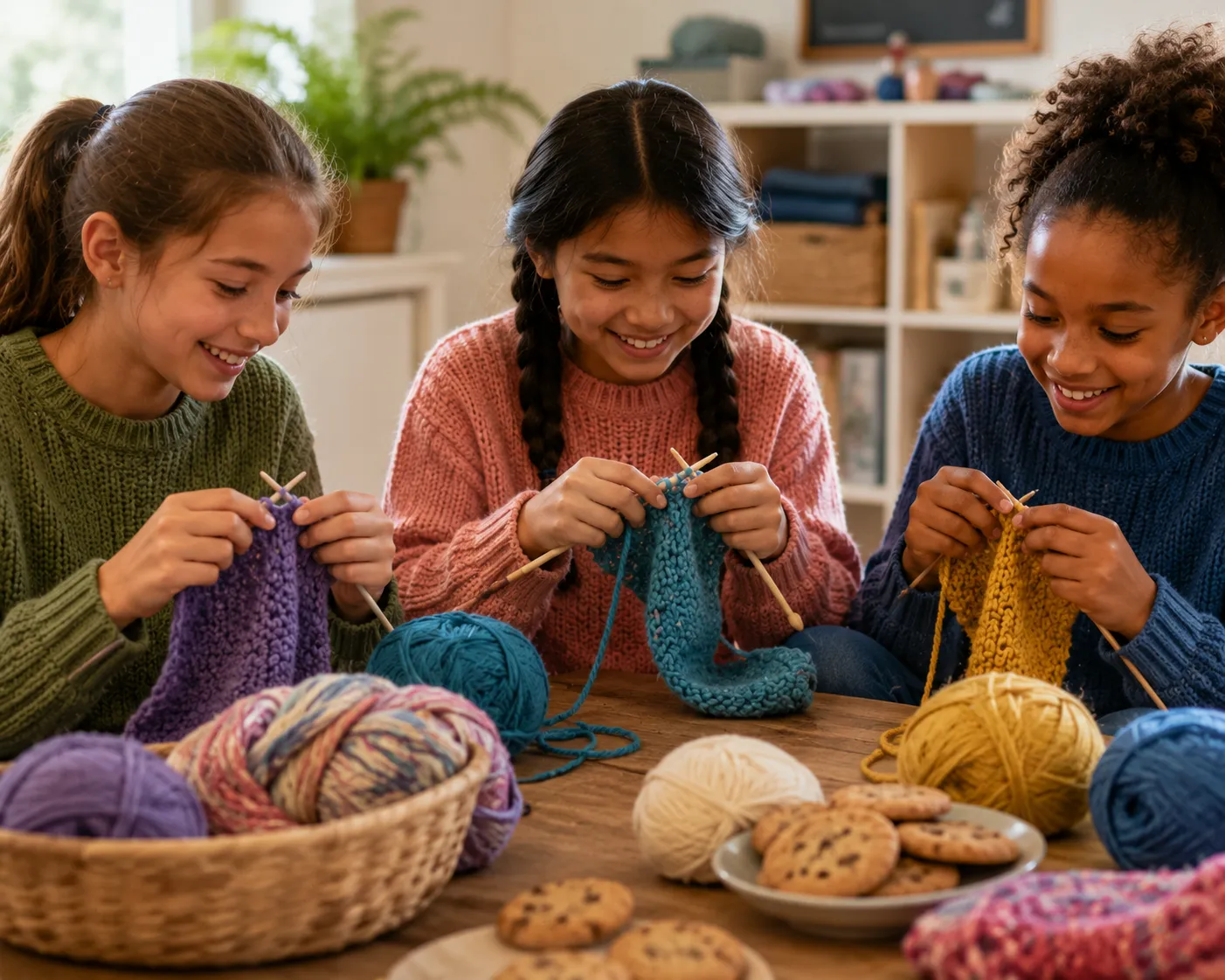 Three young people sit together knitting colorful projects with yarn and knitting needles. Balls of yarn, a basket of yarn, and a plate of cookies are arranged on the table in front of them.