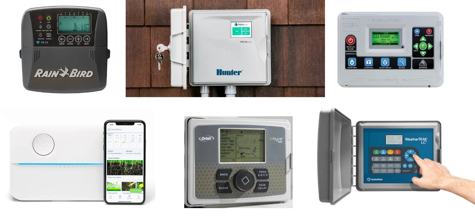 A collection of photos of different smart irrigation controllers.