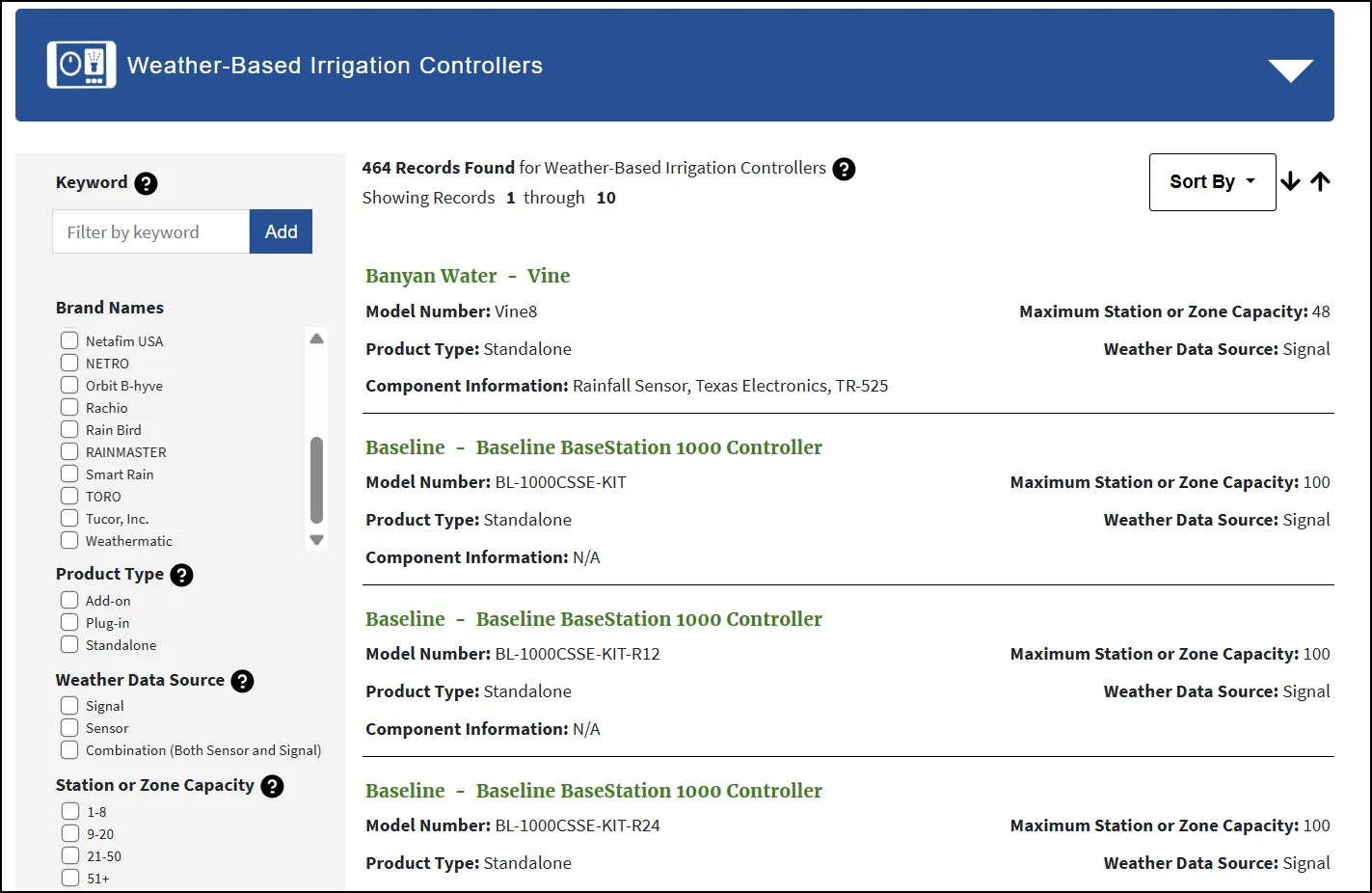 A screenshot of the EPA Water Sense Weather-Based Irrigation Controllers search page.