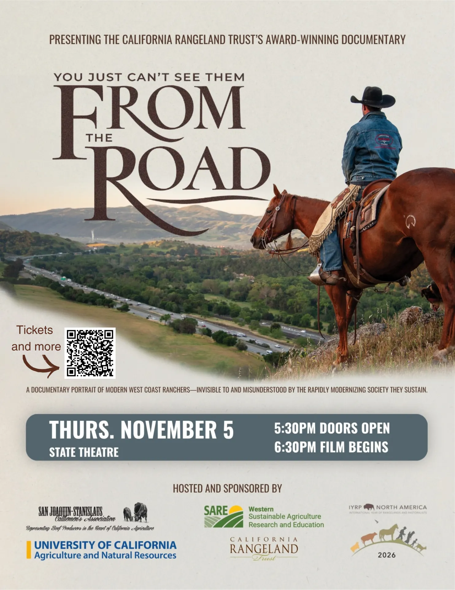 Person on a horse overlooking rangelands and a freeway below. Flyer for a movie that will be shown at the State Theater in Modesto, November 5, 2026.