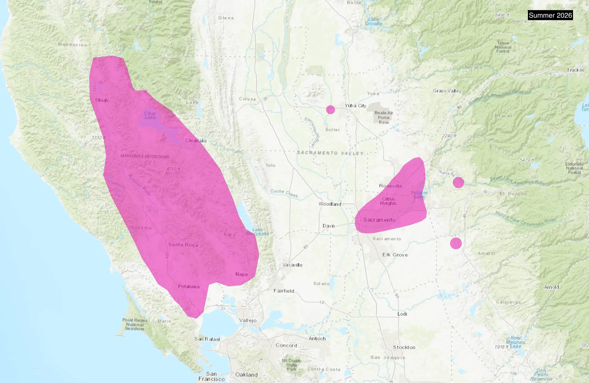 Map of North Central California showing the areas which MOB has been detected in traps and/or trees. The largest section is from Napa / Petaluma up to Ukiah. Sacramento has detections that travel both slightly west and northeast of the City. Small minor detections have been noted near Yuba City, Placerville, and Jackson CA.