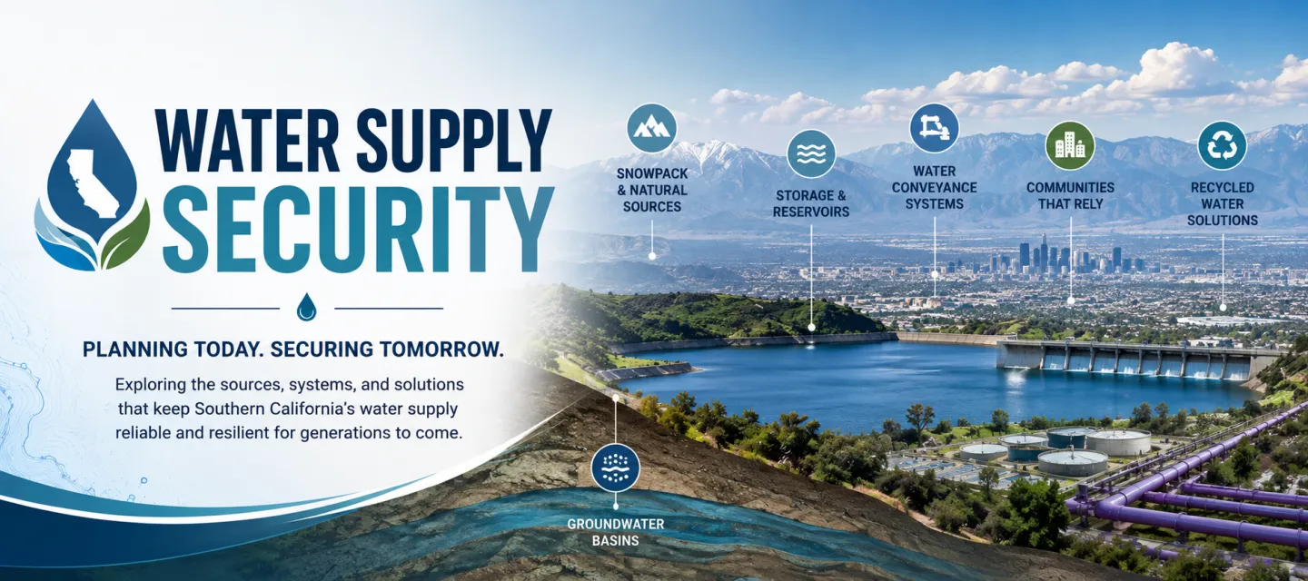 Water Supply Security banner illustrating Southern California’s interconnected water system, including mountains and snowpack, reservoirs, groundwater, water conveyance, recycled water infrastructure, and communities that depend on reliable water supplies.