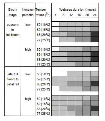 This schematic diagram can be used as a reference in decision making for fungicide application to control blossom blight.