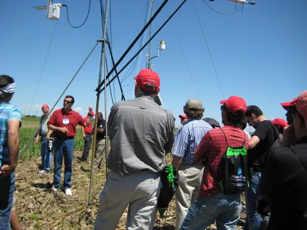 High technology equipment at the Clay Center continuously monitor crop evapotranspiration and crop coefficients of corn during the growing season.
