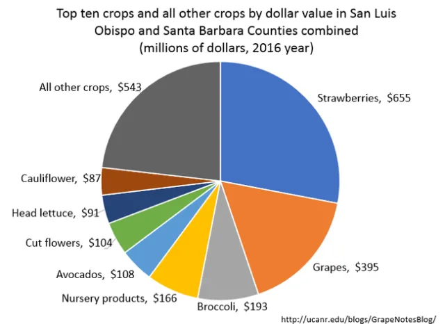 Figure 1. Crop values for SLO and SB Counties combined in 2016. The total crop value for both counties was $2.34 billion. Source: SLO and SB County Ag Commissioner's Crop Reports.