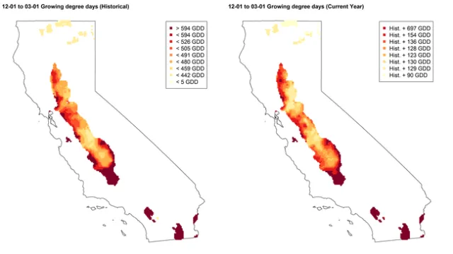 Figure 2. Historical growing degree day accumulation (GDD: 87F max, 44F min; 10-year average, left) compared to GDD during the current season (right) between 12/1/2017 and 3/1/2018.