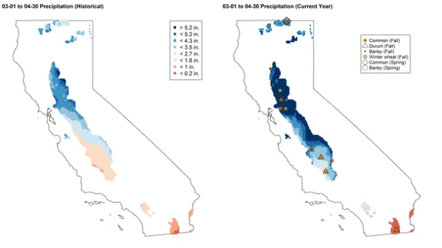 Figure 3. Historical precipitation (10-year average, left) compared to rainfall totals during the current season (right) between 3/1/2018 and 4/30/2018. Also indicated are UC Small Grain Testing Program trial locations for various crop types (right).