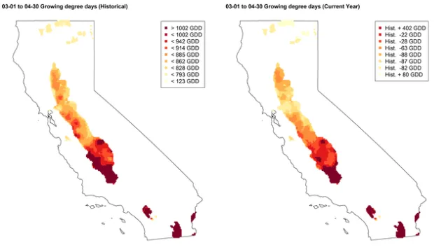 Figure 4. Historical growing degree day accumulation (GDD: 86F max, 45F min; 10-year average, left) compared to GDD during the current season (right) between 3/1/2018 and 4/30/2018.