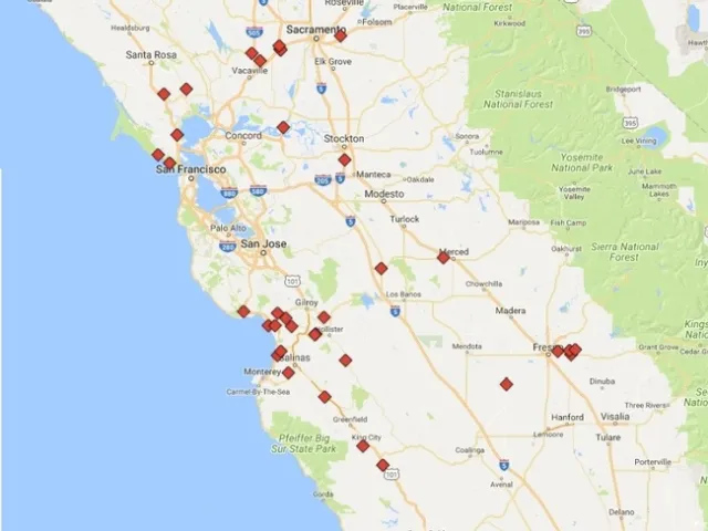 Fig. 5. Sampling sites, minus one near Bakersfield (via Google Maps).