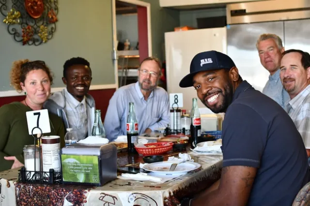 CASI Workgroup members hosting Francis Akolbila of Ghana's Center for No-till Agriculture in El Ranchero Caf&eacute; in Five Points, CA  (left to right, Sara Rosenberg (Singing Frogs Farms, Sebastopol, CA), Francis Akolbila, Rob Roy, Derek Riley (Ag Engineering intern from Fresno State working with Rob and Brook in the NRCS Fresno Area Office), Dan Munk and Brook Gale