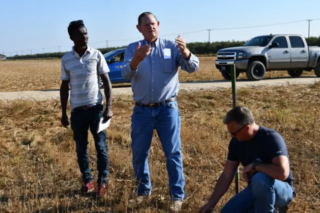 Francis Akolbila, Michael Crowell and Adam Crowell (left to right) viewing no-till double-crop corn cropping at Bar Vee Dairy in Turlock, CA