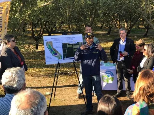 Jhalendra Rijal, UCCE IPM advisor, describes research on mating disruption to control navel orangeworm in nut crops.