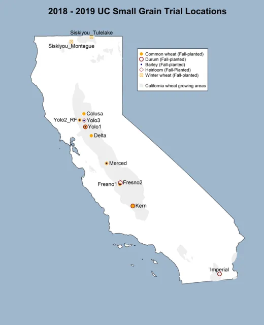 Figure 4. 2018-2019 UC Small Grain Testing Program trial locations for various types of fall-planted small grain crops.