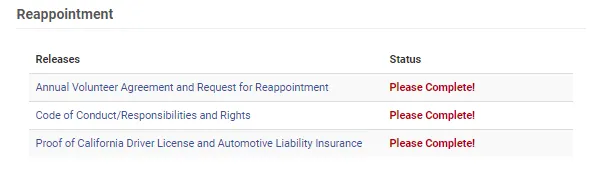 Screenshot of VMS Reappointment pop-up displaying three required volunteer releases and the status of each release. Each release is marked 'Please complete!' in red text, indicating that the releases have not yet been signed for the upcoming Program Year.