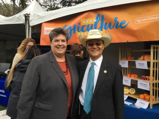 VP Humiston tells Assemblymember Steven Choi about the array of research projects conducted at South Coast Research & Extension Center in his district.