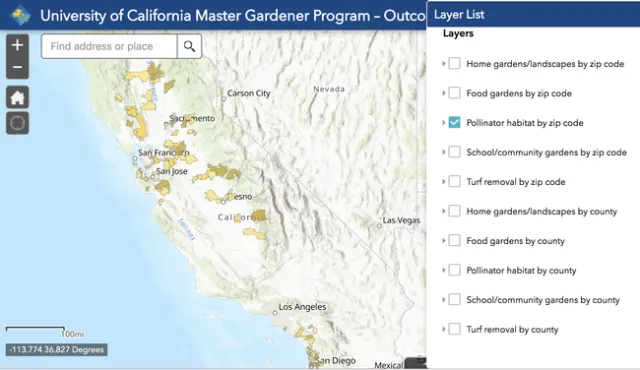 UC Master Gardener volunteers also collected data on pollinator habitat in California by zip code and created an interactive map.