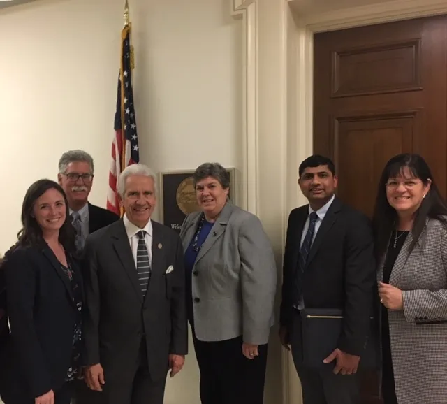From left, Anne Megaro, Mike Mellano, Congressman Jim Costa, Glenda Humiston, Jhalendra Rijal and Kathy Eftekhari discussed the importance of research funding to California.