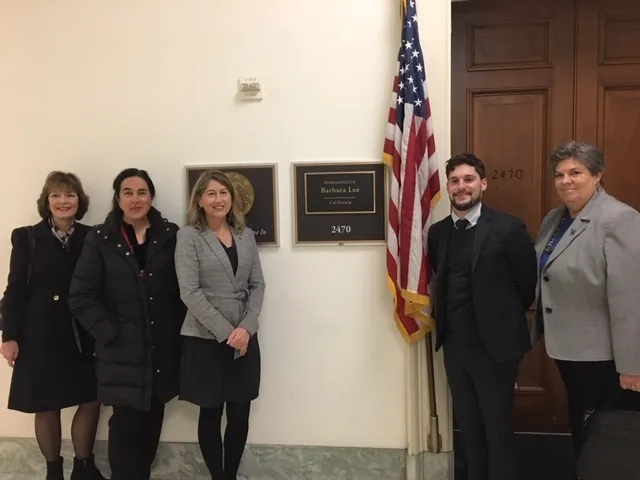 From left, CARET members Jean-Mari Peltier, Kamal Khaira, Marcel Horowitz, Dan Sanchez and Glenda Humiston met with Congresswoman Barbara Lee's staff to discuss UC ANR research priorities.