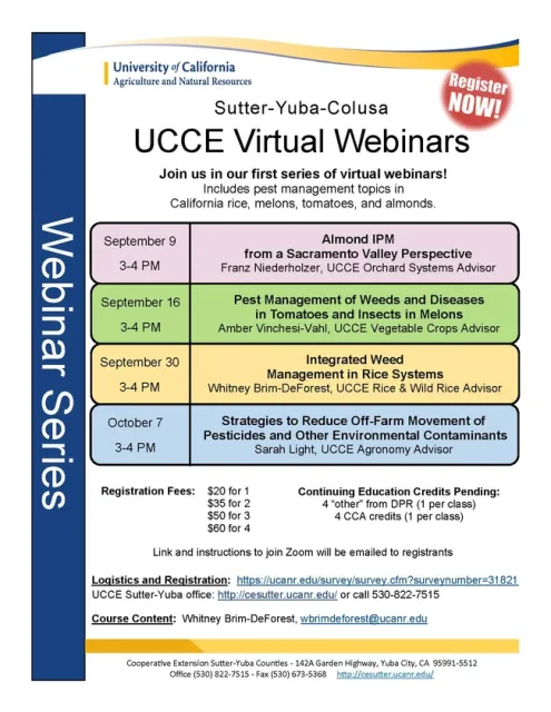 UCCE Sutter-Yuba-Colusa Virtual Webinar series flyer for Sept-Oct 2020