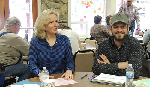 participants at earlier agritourism class work at table