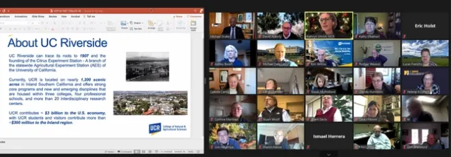 President Drake, top left, listens to Kathryn Uhrich, outlined in yellow, deliver an overview of the College of Natural and Agricultural Sciences.