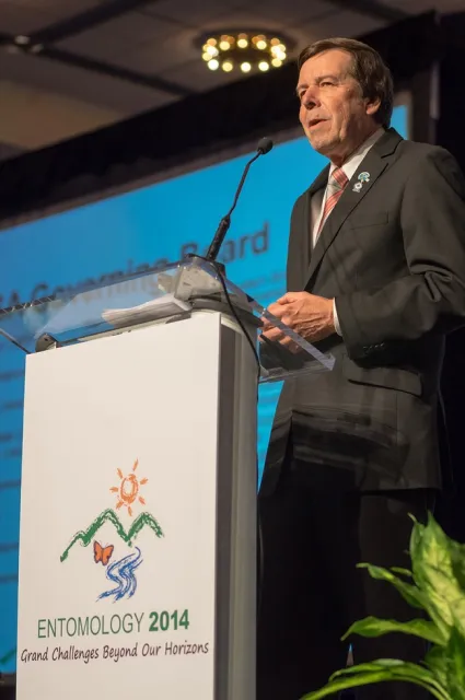 Frank Zalom, the 2014 ESA president, addresses the crowd. (ESA Photo)