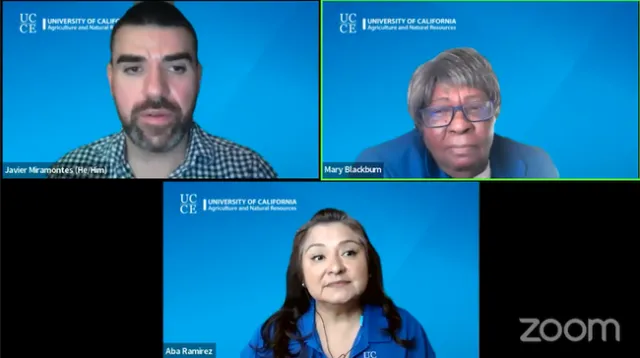 The three are shown in headshots on Zoom.