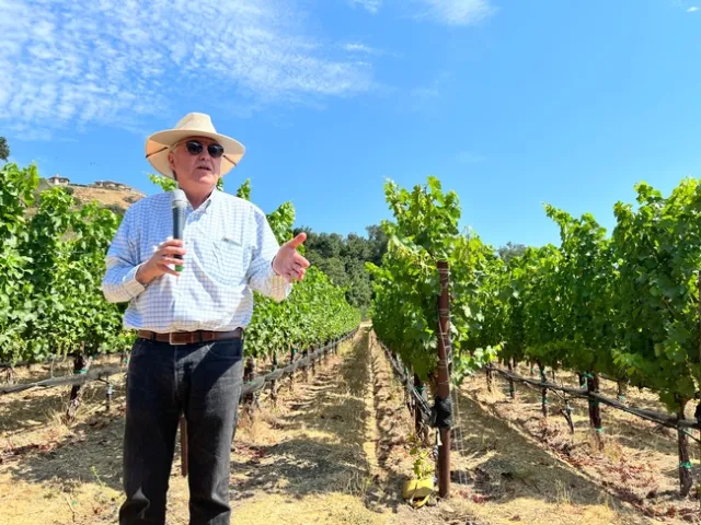 Man speaking into microphone while standing in front of a vineyard.