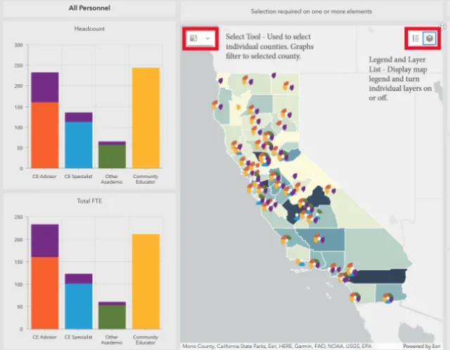 Colored bar chart illustrates the number of people by title. A color-coded map shows locations of the people around California.